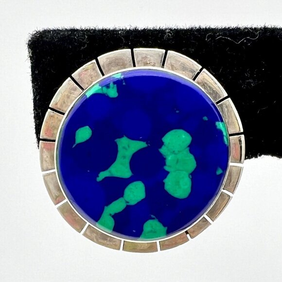 Vintage Azurite Malachite Clip-on Earrings Sterling Silver Southwest Mexico 925 - Picture 4 of 8